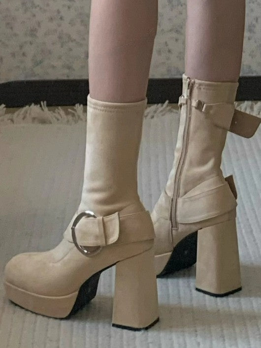 Khaki Lolita Platform Mid-calf Boots - Square Toe High Block Heel with Buckle Accents & Inner Zip