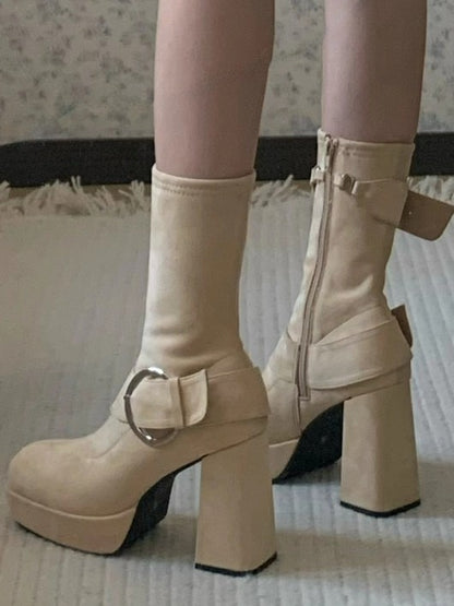 Khaki Lolita Platform Mid-calf Boots - Square Toe High Block Heel with Buckle Accents & Inner Zip