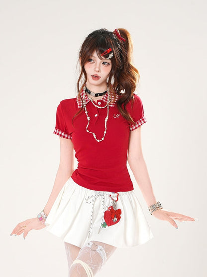 Preppy Style Red/Navy Blue Polo Collar Slim-fitting T-shirt