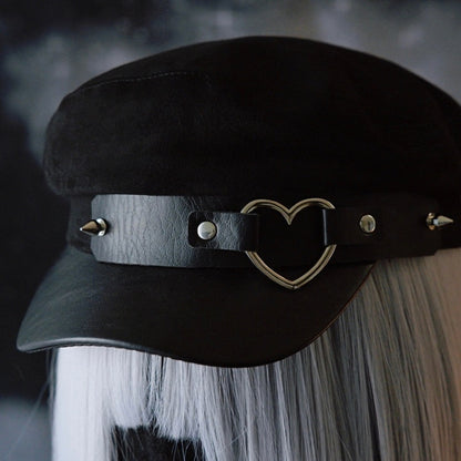 Black Gothic Heart Ring Studs Details Beret Hat