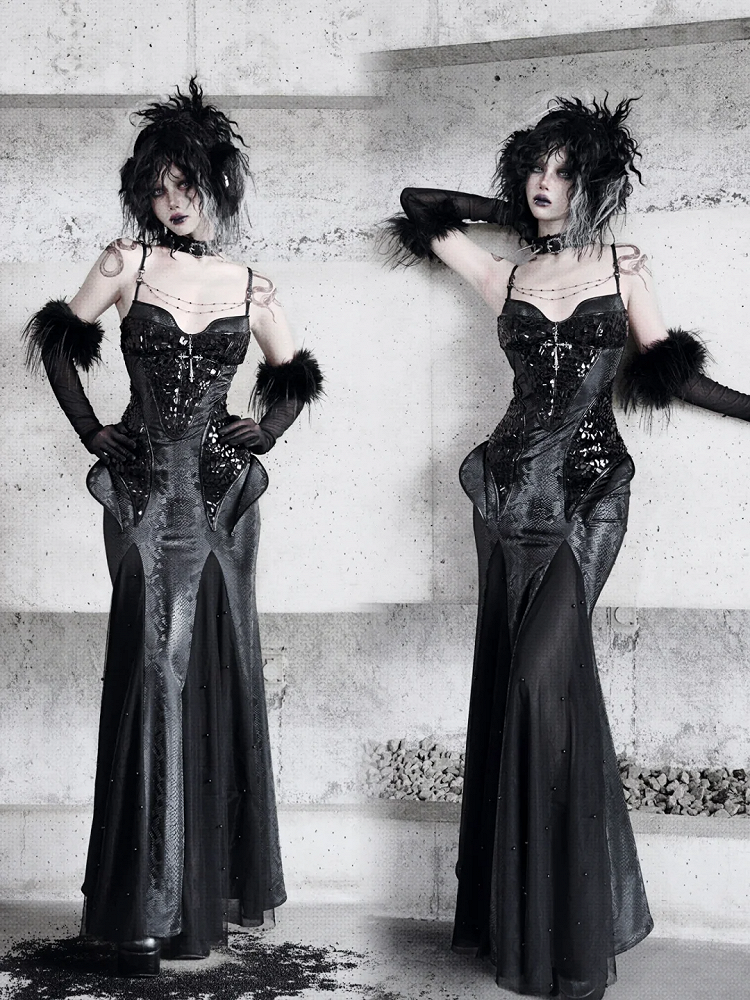 Black Victorian Bustier Bodice Spaghetti Straps Dress Evening Gown PU Leather Mermaid Dress