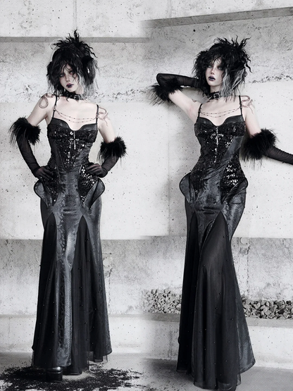Black Victorian Bustier Bodice Spaghetti Straps Dress Evening Gown PU Leather Mermaid Dress