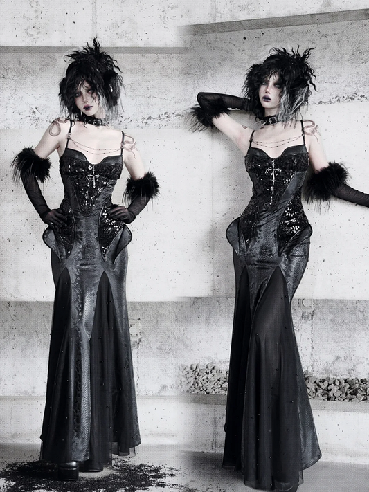 Black Victorian Bustier Bodice Spaghetti Straps Dress Evening Gown PU Leather Mermaid Dress