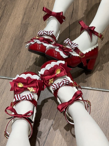 Wine Red Spoon Decorated Bowknot Details Sweet Lolita High Block Heels