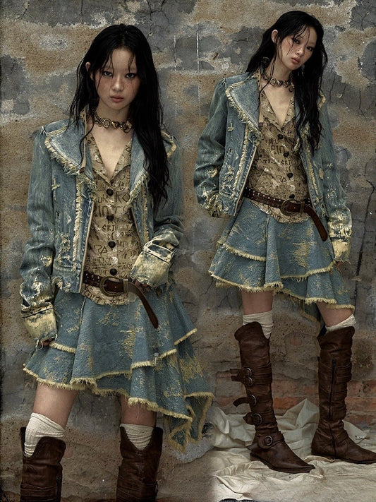 Clearance - Size M for Bust 98CM Vintage Punk Blue Distressed Holes Washed Denim Jacket