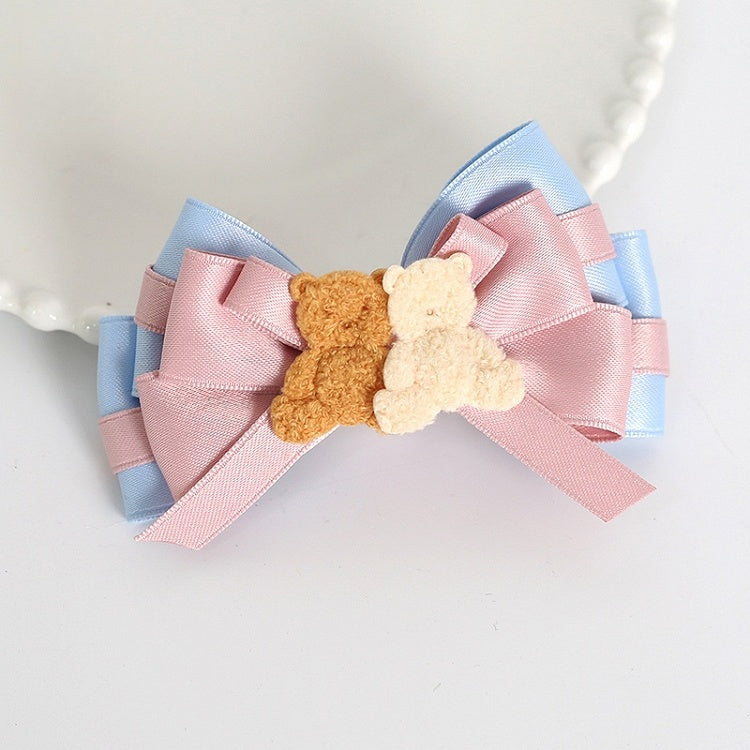 Cute Lolita Pink & Blue Bowknot Hairclip With Two Bear Decorations