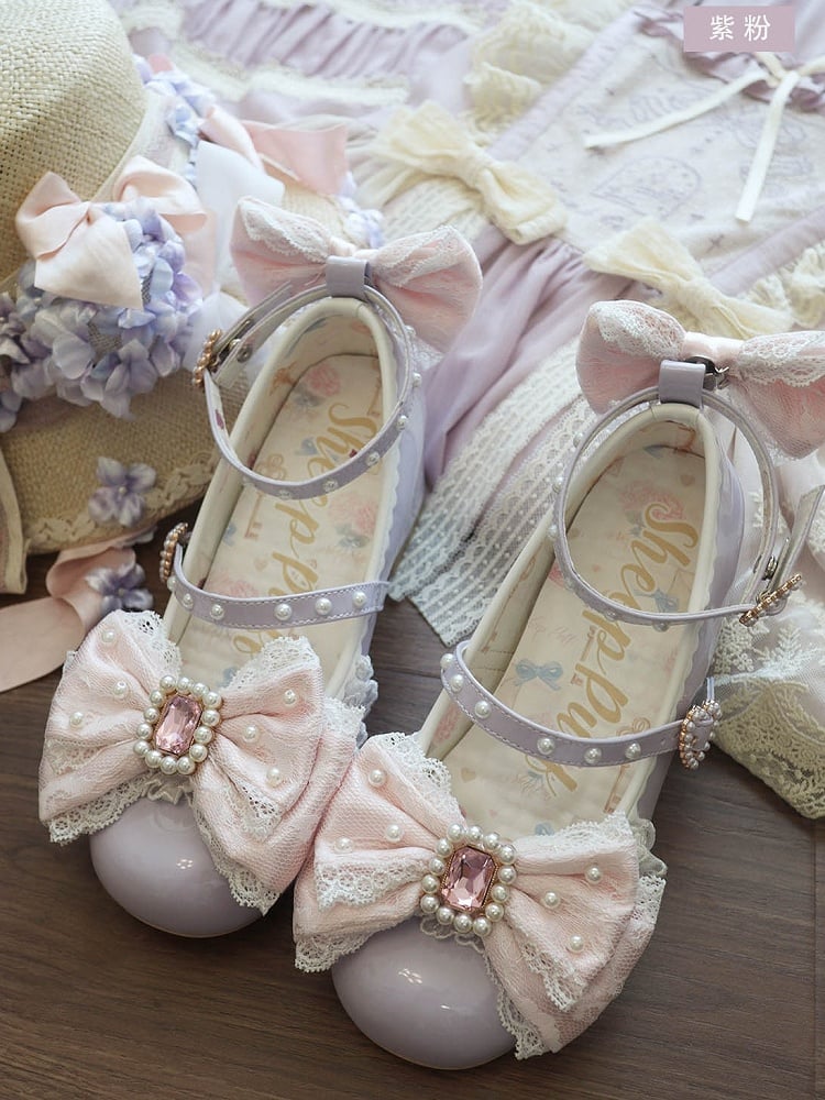Polished Purple&Pink Detachable Rhinestone And Beaded Decorated Bowknot Lace Trim 4.5CM Block Heels Shoes