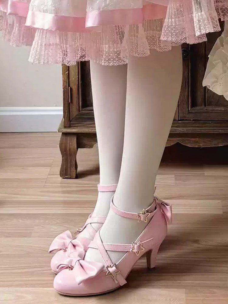 Pink Bow at Top Star Buckle Straps High Heels