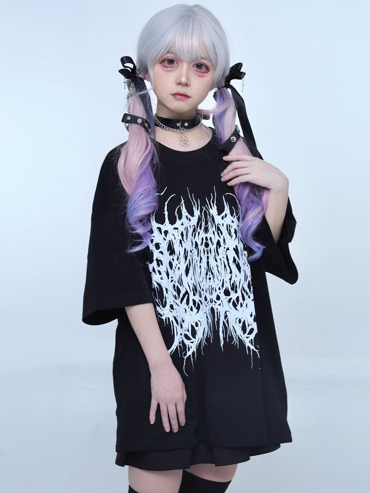 Black Jirai Kei Butterfly Print Round Neck T-shirt