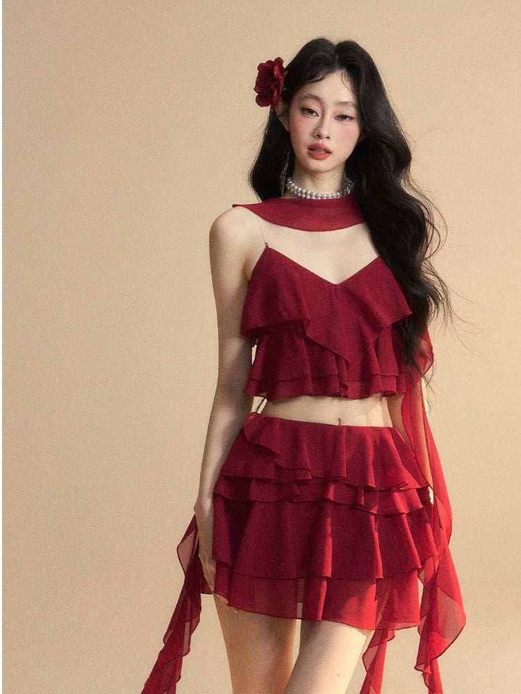 Clearance-Size M for Waist 64CM Red Chiffon Asymmetrical Ruffled Hem Slim-fitting Mini Tiered Skirt