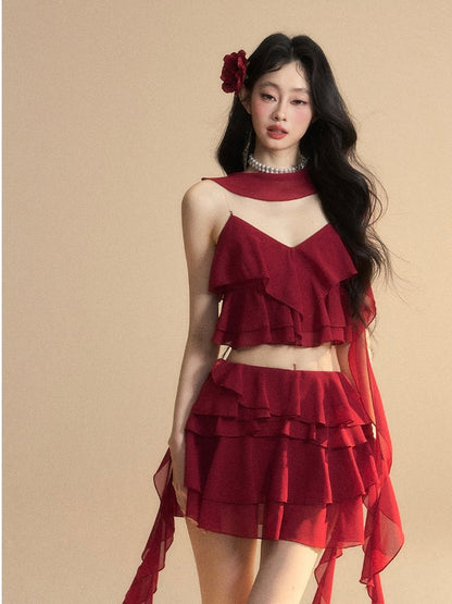 Clearance-Size M for Waist 64CM Red Chiffon Asymmetrical Ruffled Hem Slim-fitting Mini Tiered Skirt