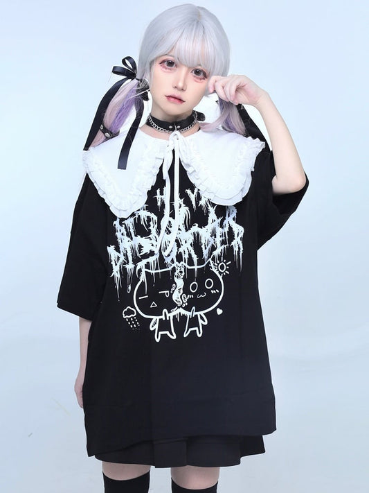 Black Jirai Kei Cat And Letter Print T-shirt