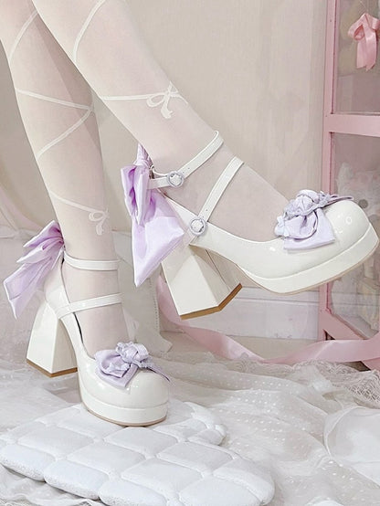 Polished White&Purple Bow at Top Platform High Block Heels