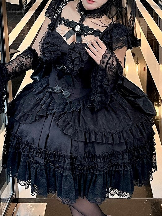 Beads and Rhinestones Neckline Design Black Kuro Lolita Dress with Lace Trim and Bow Accents