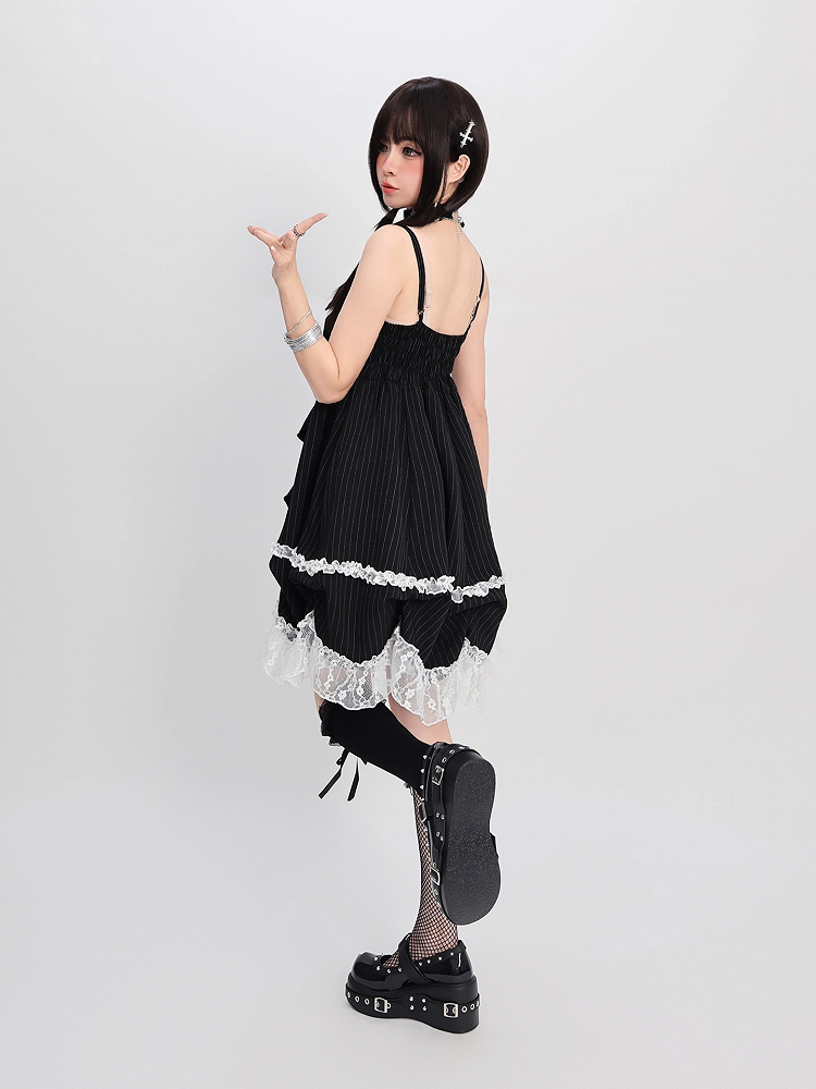 Big Bow Neckline Black Striped Cami Dress Bubble Skirt with Detachable Waist Chain