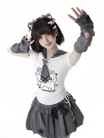 Kitty Ears Design Sailor Collar White Drawstring Side T-shirt with Free Armwear