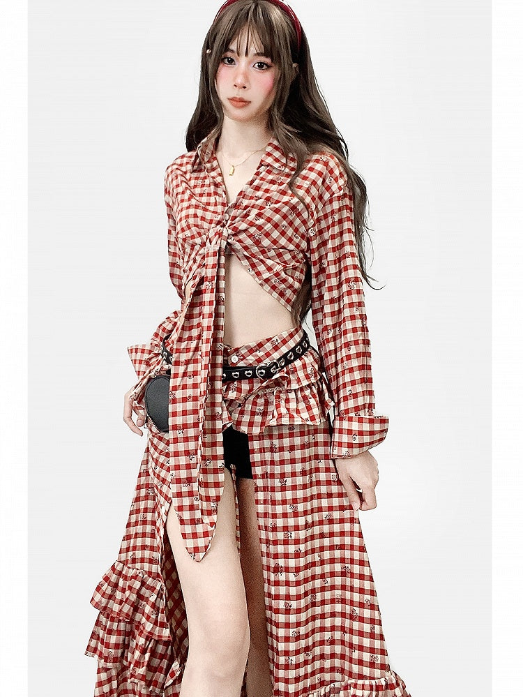 Red Plaid Pattern Floral Print Twist Details Shirt + Thigh-high Slit High-low Skirt