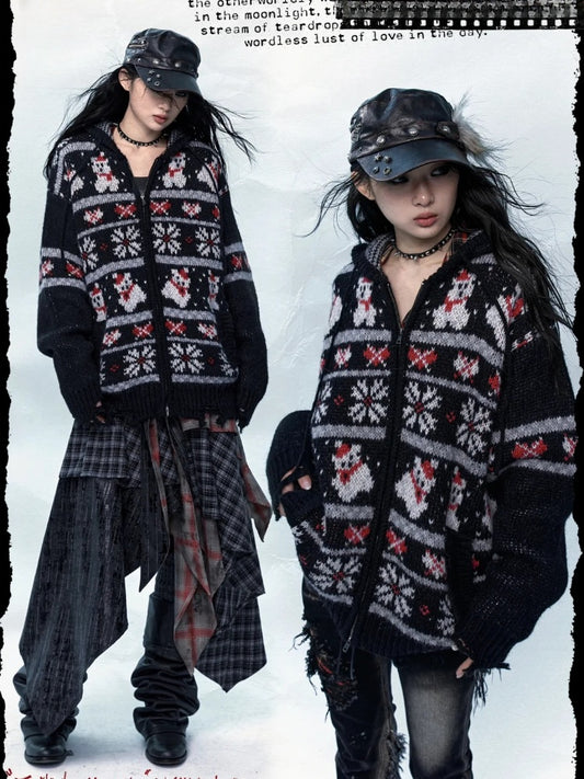 2024 Christmas Black/Brown Mohair Hooded Sweater