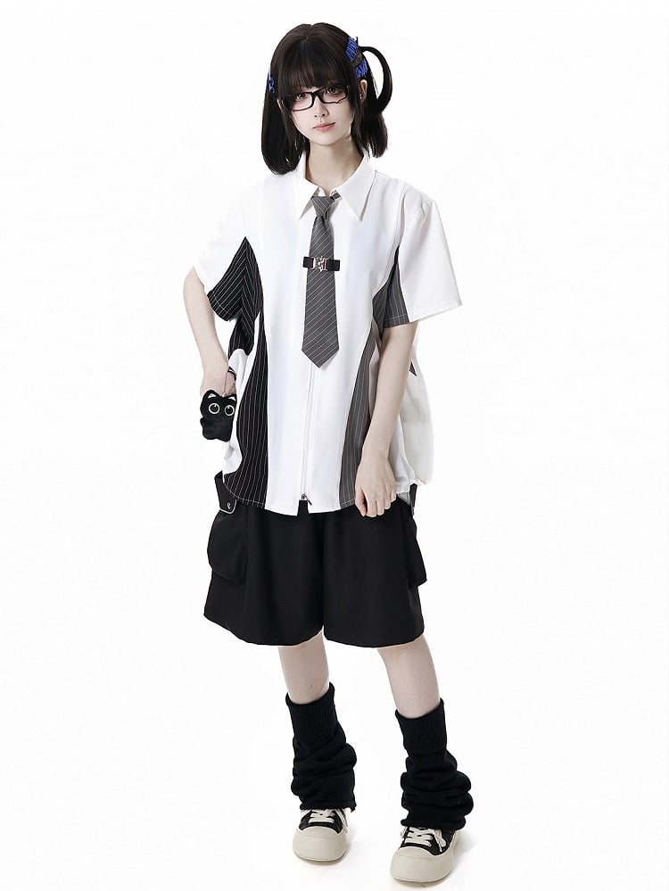 Black and Gray Striped Colorblock Design Techwear Zip-up Shirt with Free Kitty Plushie