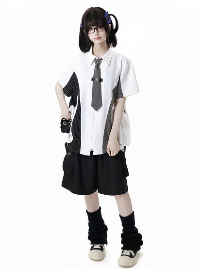 Black and Gray Striped Colorblock Design Techwear Zip-up Shirt with Free Kitty Plushie