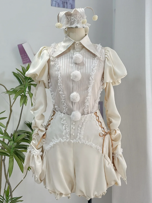 Circus Clown Vibes Ouji Lolita Outfit - Apricot Pointed Collar Shirt + Bloomer Shorts + Garters