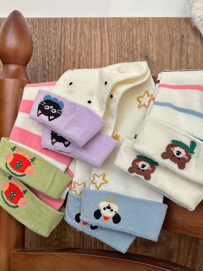 9 Options Colorful Kitty/Puppy/Bear Print Striped Pattern Calf Socks