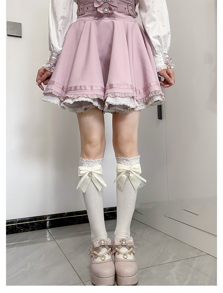 Apricot Bow Detail Front Heart Rhinestone Jirai Kei Under Knee Stockings
