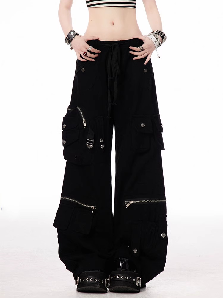 Black Low Waist Cargo Pockets Zipper Details Wide-leg Pants