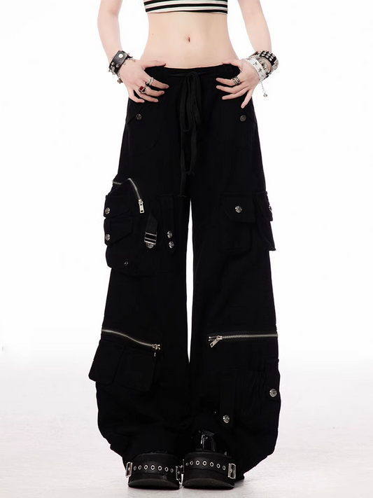 Black Low Waist Cargo Pockets Zipper Details Wide-leg Pants