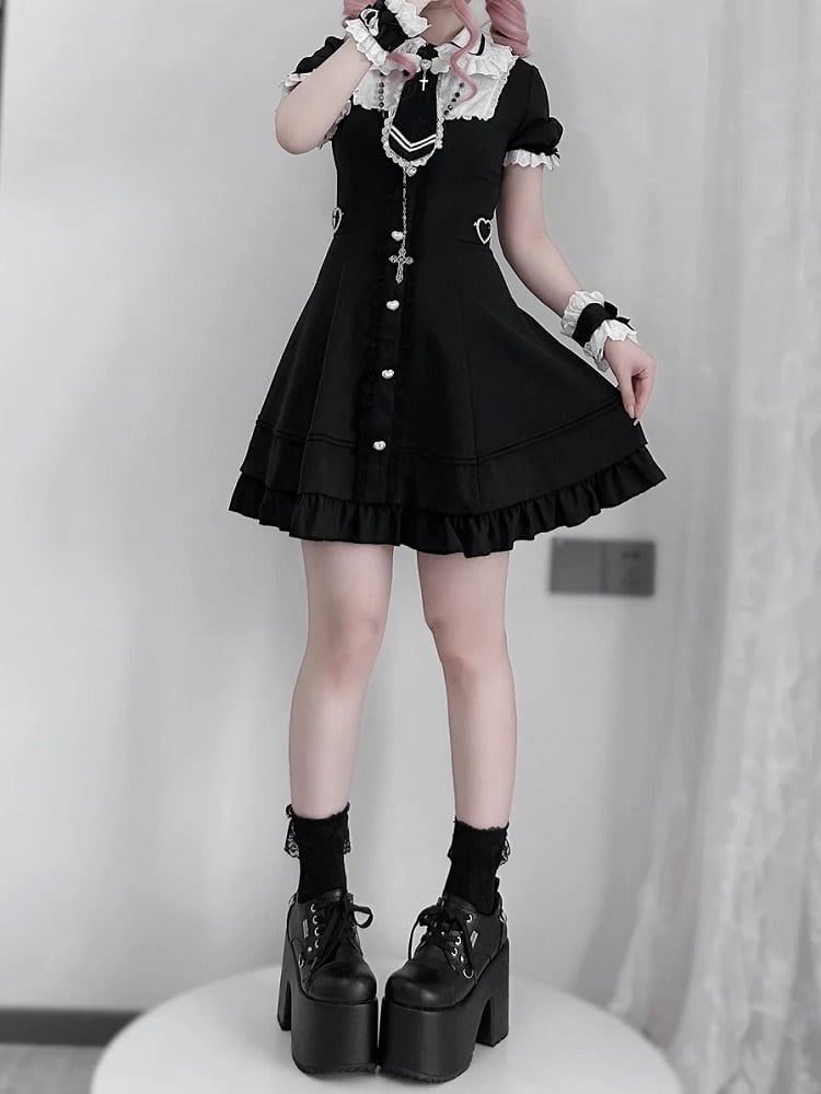 Plus Size Available Black Jirai Kei Set- Lace Trim Dress + Shorts + Tie + Wrist Cuffs