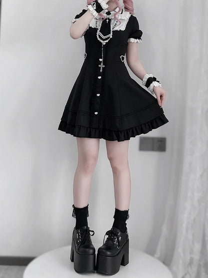 Plus Size Available Black Jirai Kei Set- Lace Trim Dress + Shorts + Tie + Wrist Cuffs