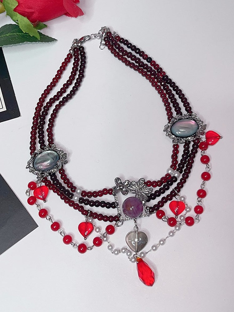 Red Black Y2K Punk Heart Rhinestone Pendant Beaded Necklace