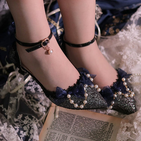 Dark Blue Beaded Chain Pointed Toe Hime Lolita Middle Heels