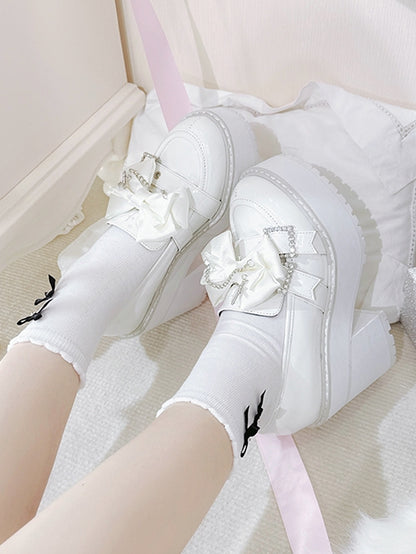 Polished White Jirai Kei Cross Chain Decorated Bow Rhinestoned Buckles Platform Loafers