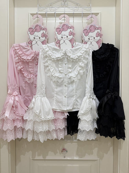 White / Black / Pink Bunny Ears Collar Long Sleeves Shirt