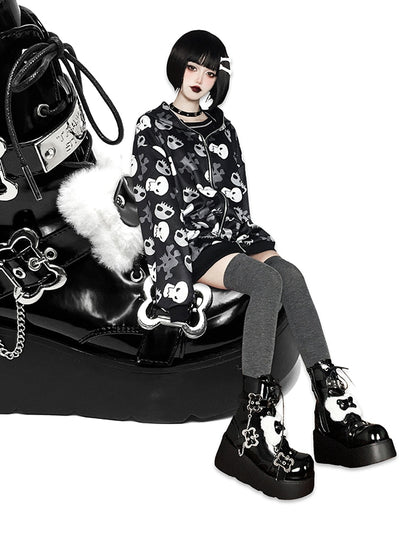 Buckle Straps Plush Bone Decorated Polished Black Punk Platform Boots