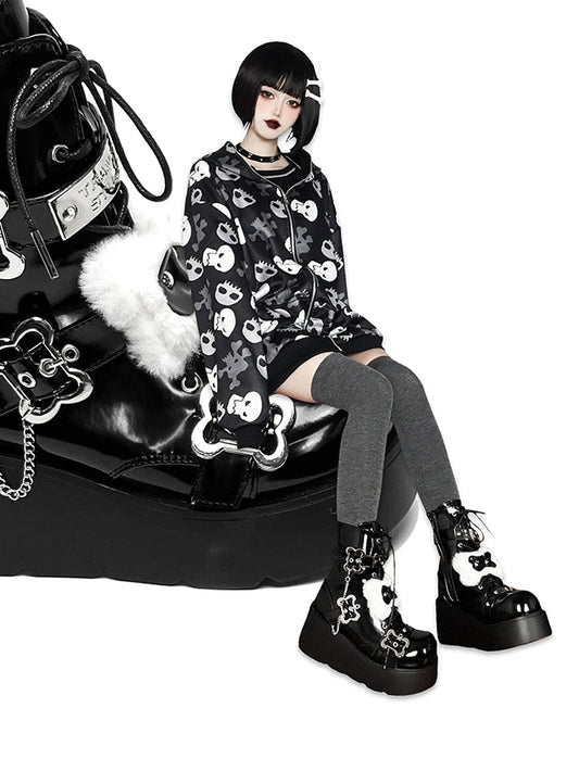 Buckle Straps Plush Bone Decorated Polished Black Punk Platform Boots