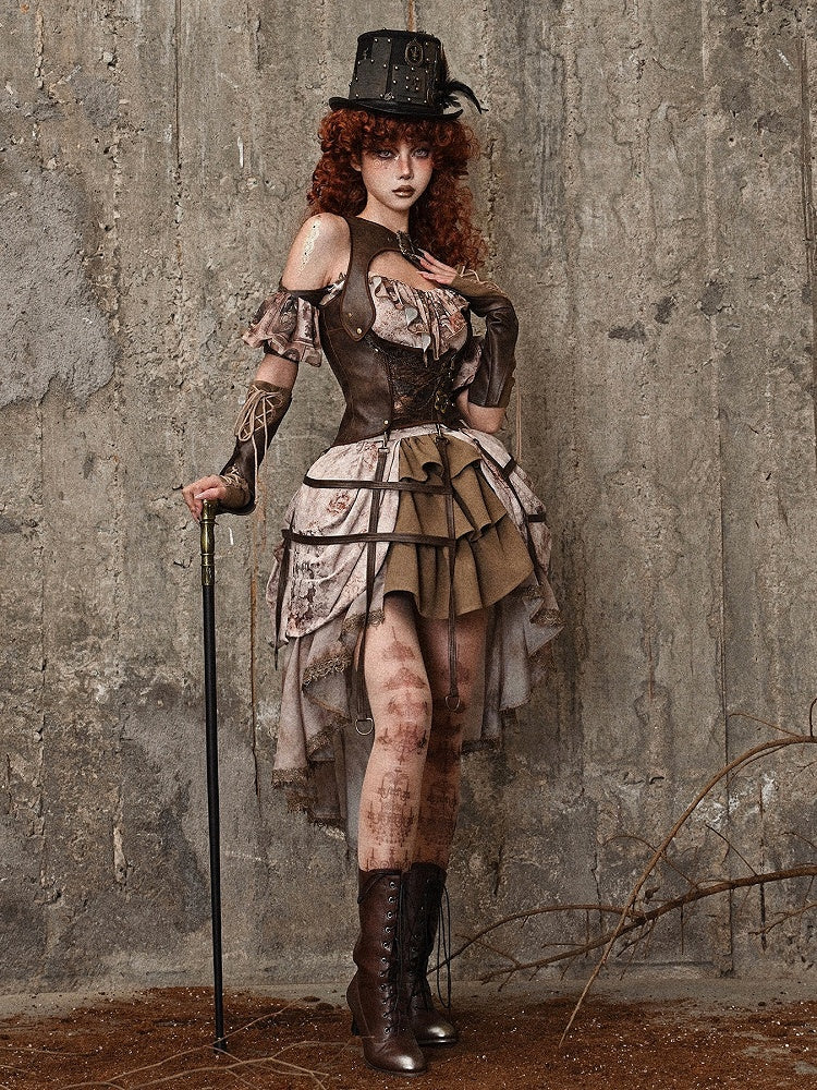 Brown PU Leather Vintage Steampunk Waistcoat Detachable Birdcage