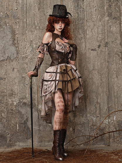 Brown PU Leather Vintage Steampunk Waistcoat Detachable Birdcage