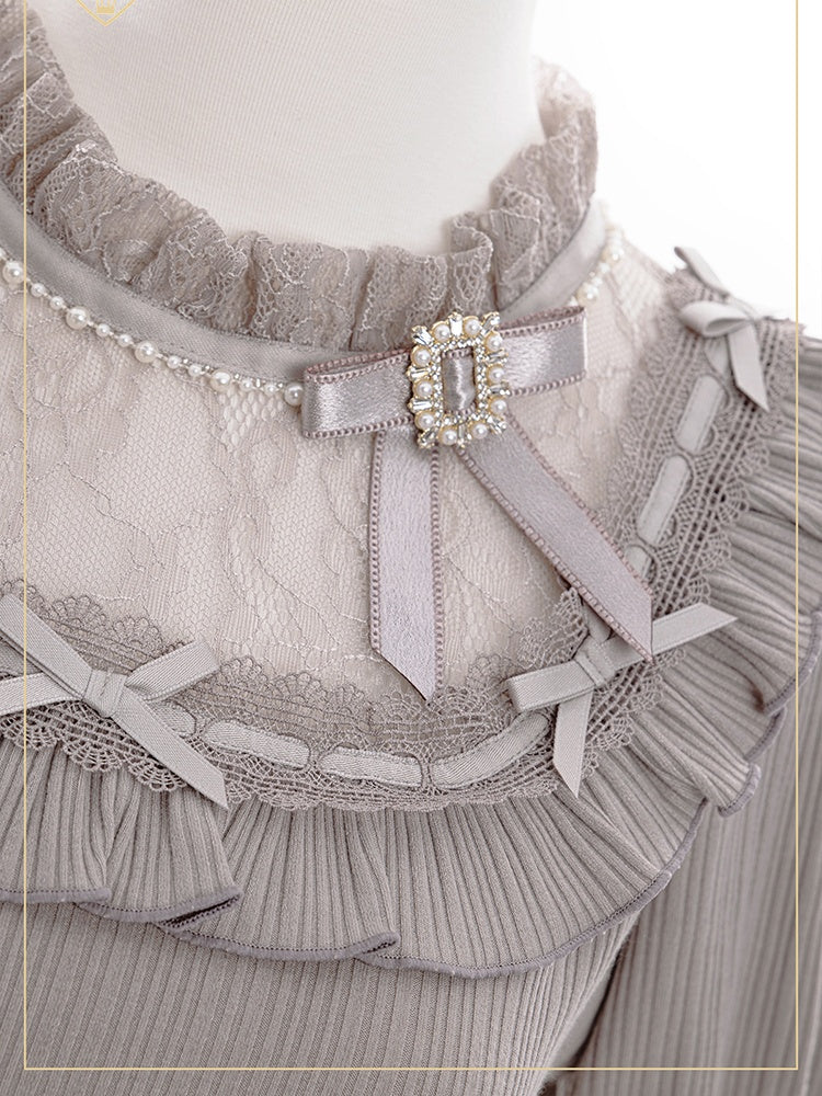 Jirai Kei Bowknots and Beads Decorated Illusion Neckline Gray Blouse with Free Armwear