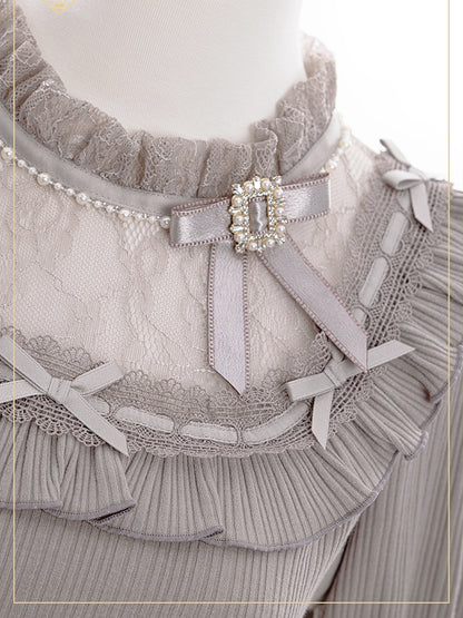 Jirai Kei Bowknots and Beads Decorated Illusion Neckline Gray Blouse with Free Armwear