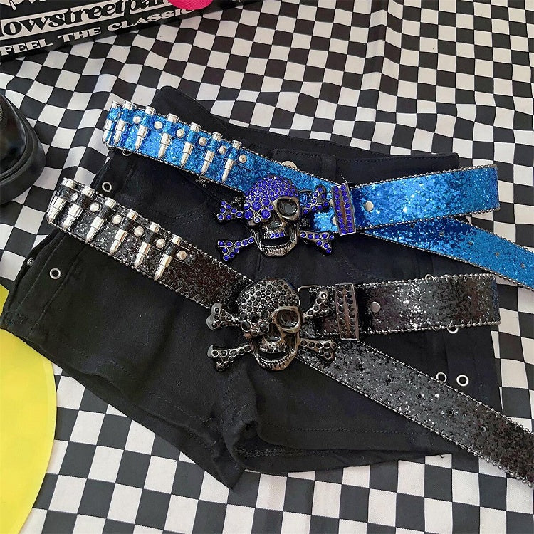 Y2K Glittering Rhinestones Punk Skull Bullets Waist Belt Black/Red/Blue/Gold