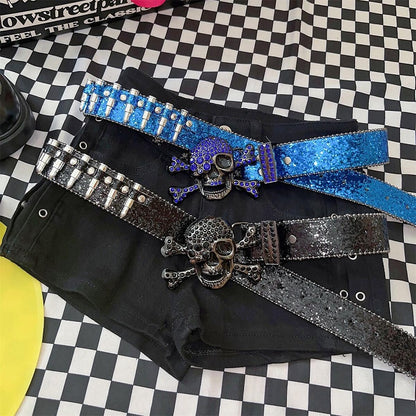 Y2K Glittering Rhinestones Punk Skull Bullets Waist Belt Black/Red/Blue/Gold