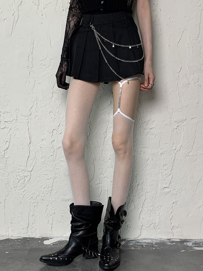 White/Black Y2K Cut-out Design Fishnet Suspender Tights With Leg Chain