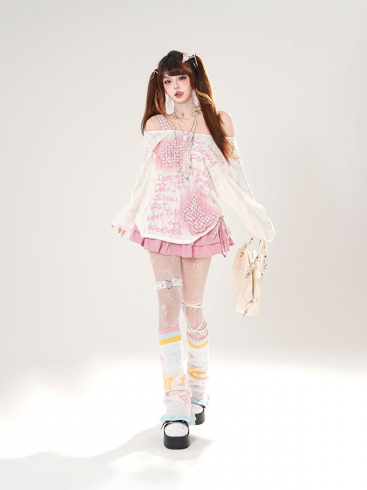 Pink Plaid Butterfly Appliques Black/White Off-the-shoulder Distressed Holes Coverup