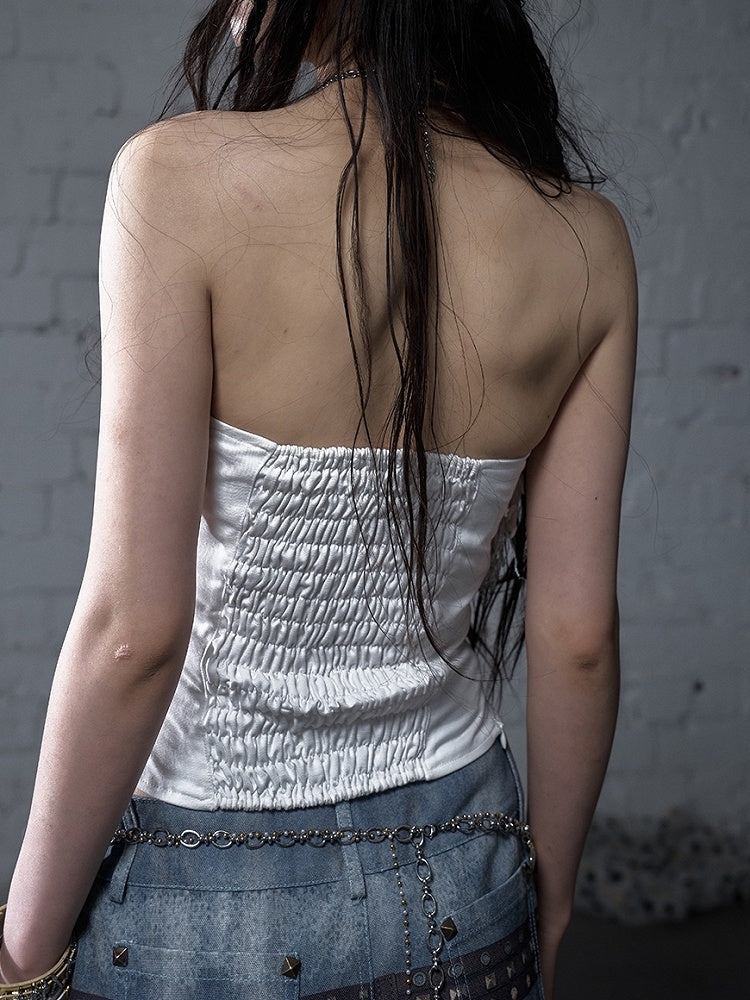 Baroque Bead Details Fringe Hem Black/White Crossover Design Strapless Top