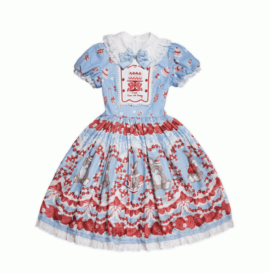 Strawberry and Bunny Print Blue Cottagecore Country Lolita One Piece Strawberry Cake Embroidery Front
