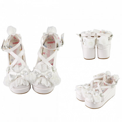 White Crisscross Design Plush Bunny Ear Decorated Bow at Top Platforms With Pompon