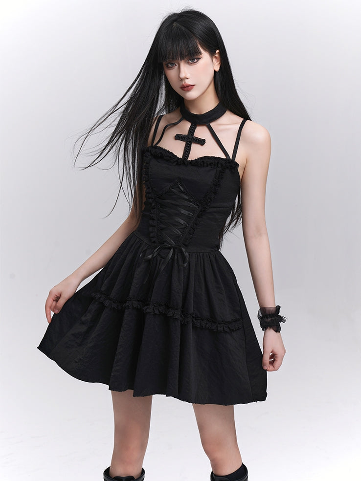 Gothic Black Lace-up Front Basque Waist Cross Halter Dress
