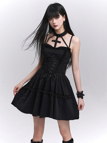 Gothic Black Lace-up Front Basque Waist Cross Halter Dress
